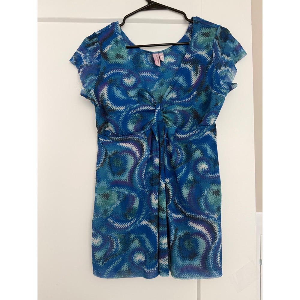 Sweet Pea by Stacy Frati Blue Abstract Swirl Mesh V-Neck Knot Front Top XL